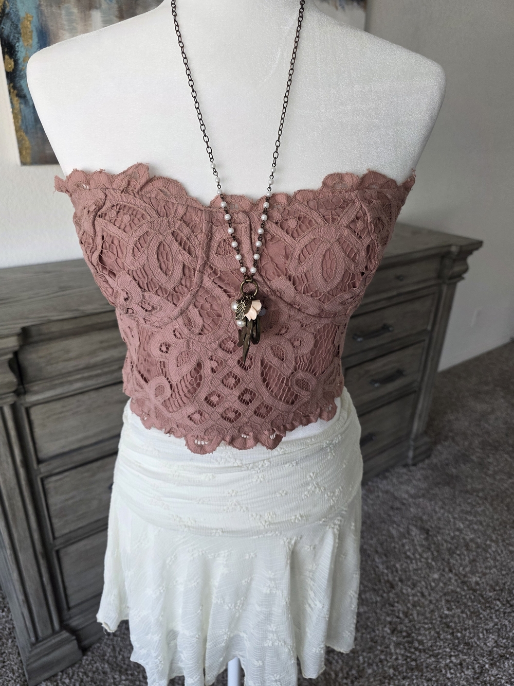 Lace Strapless Crop Top in Dusty Rose - Picture 3 of 7